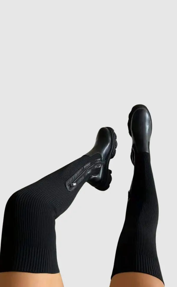 Knee High Boots Ribbed Stretch Knit