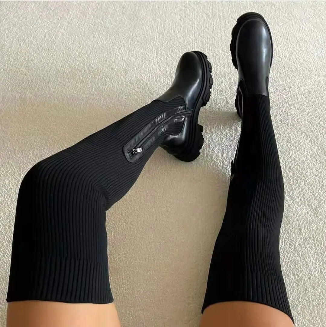 Knee High Boots Ribbed Stretch Knit