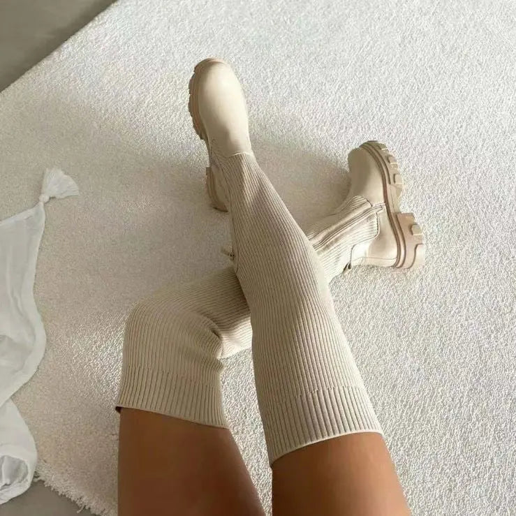Knee High Boots Ribbed Stretch Knit