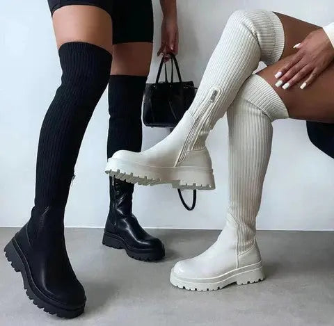 Knee High Boots Ribbed Stretch Knit