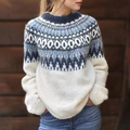 Nordic patterned knit crew neck jumper in light blue, front view