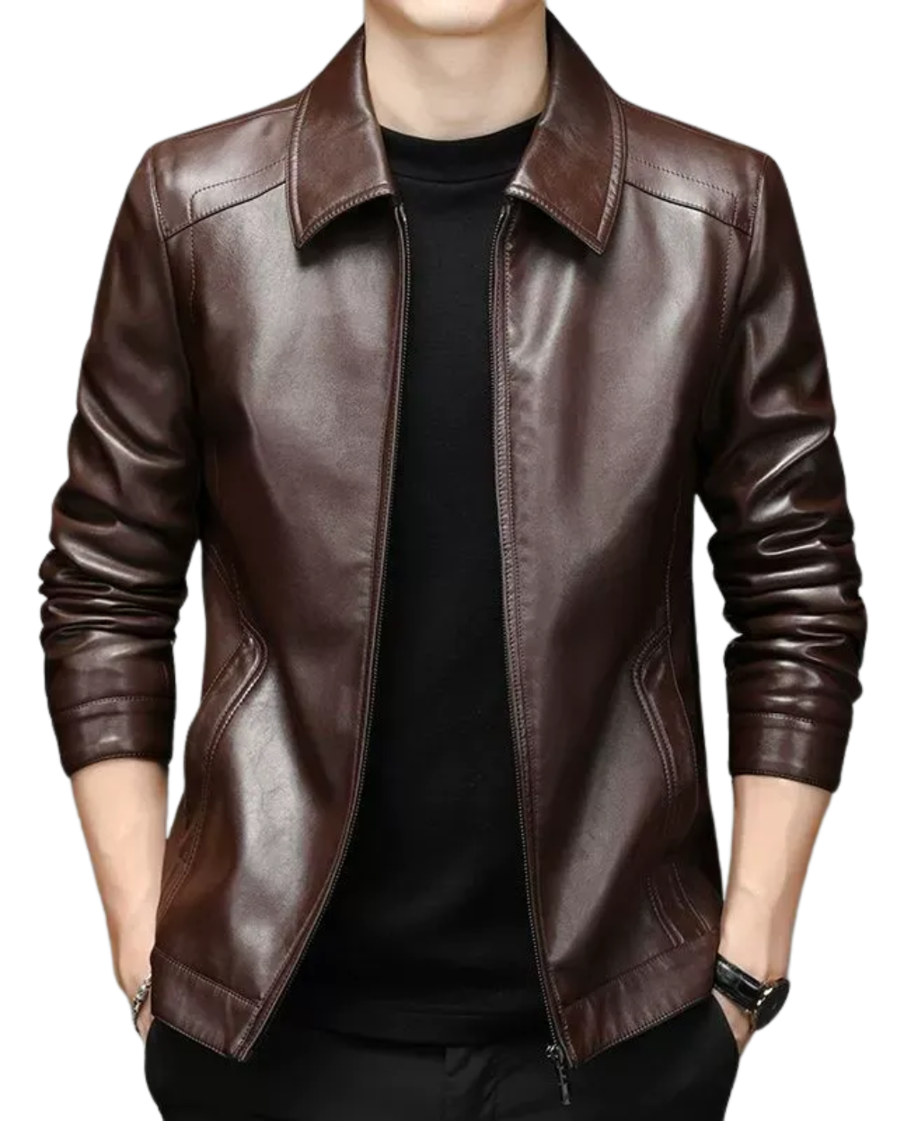 Leather-look jacket with point collar in brown, front view