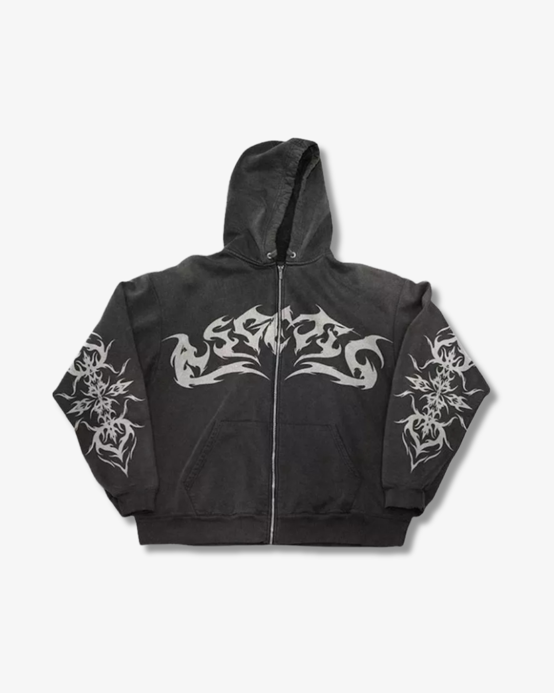 Heavyweight zip up hoodie in black, front view
