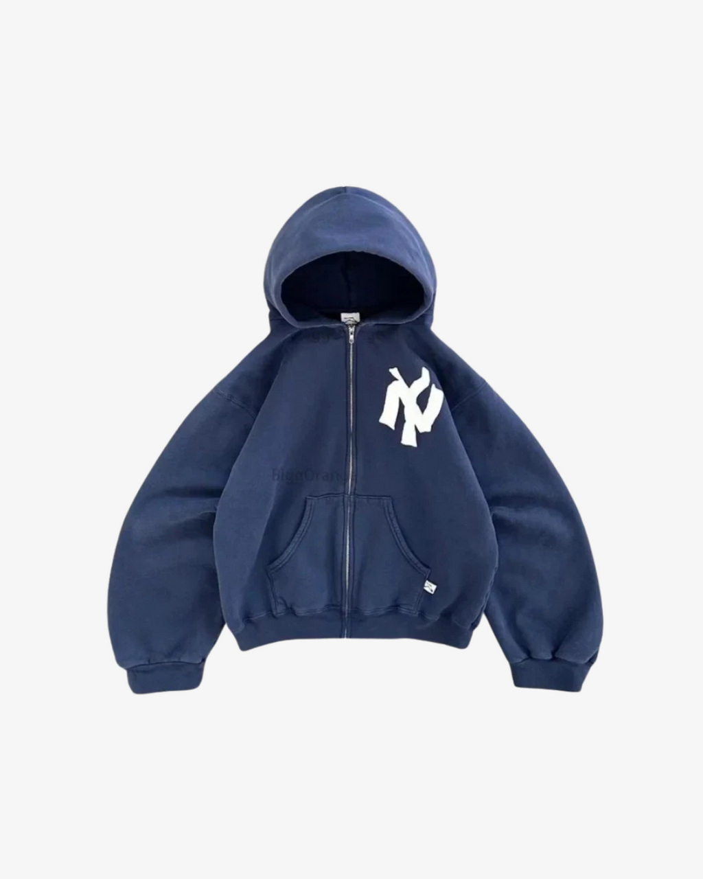 Zip hoodie with embroidered city graphic in navy, front view