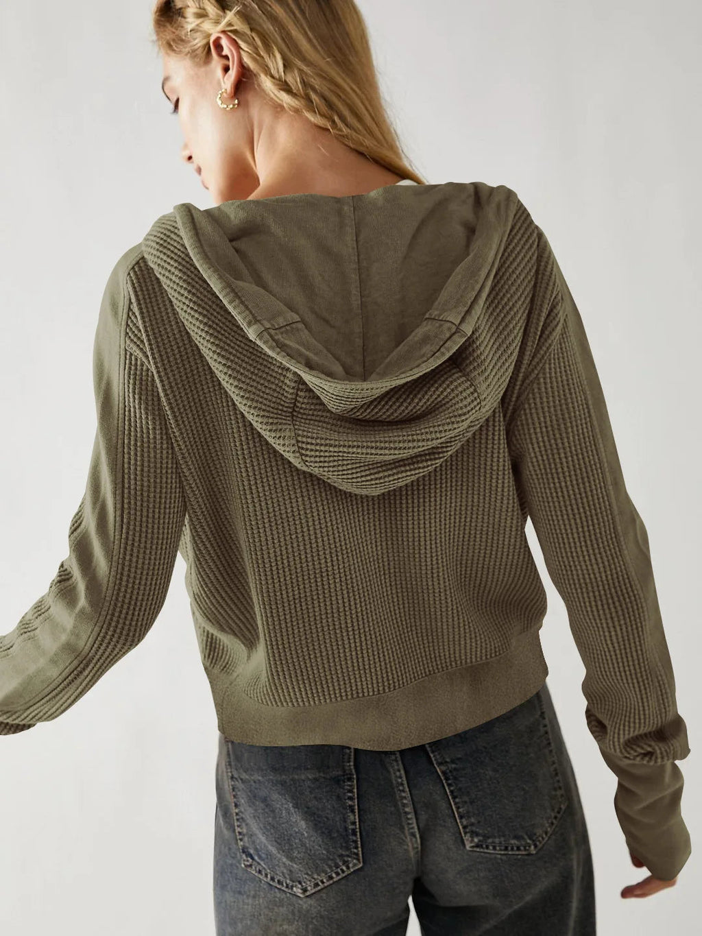 Oversized Cotton Hoodie Cropped Waffle