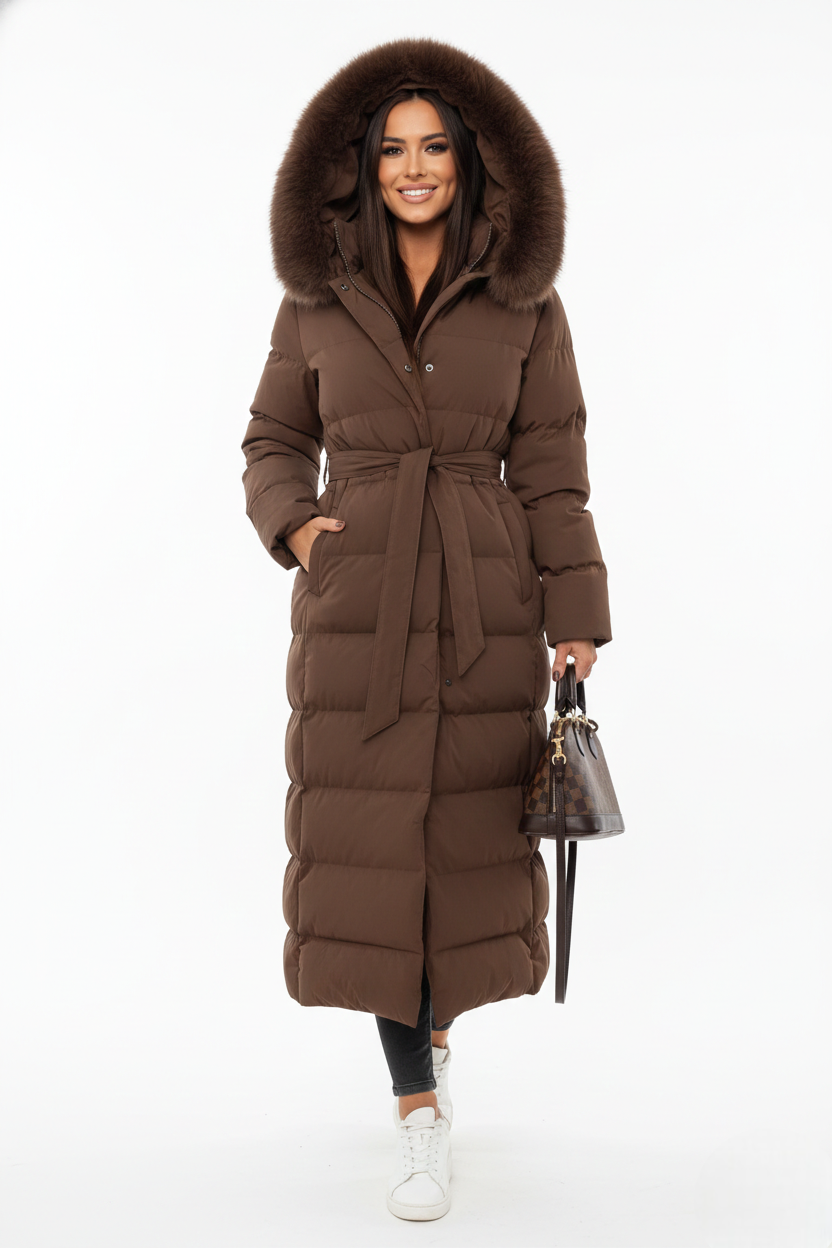 Longline faux-fur belted puffer coat in black, front view