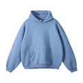 Thick fleece pullover hoodie in light blue, front view