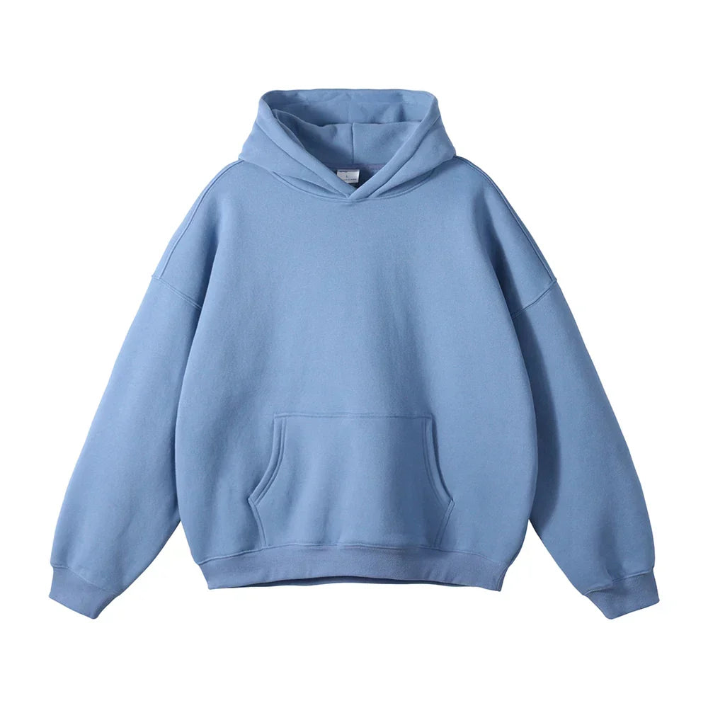 Thick fleece pullover hoodie in light blue, front view