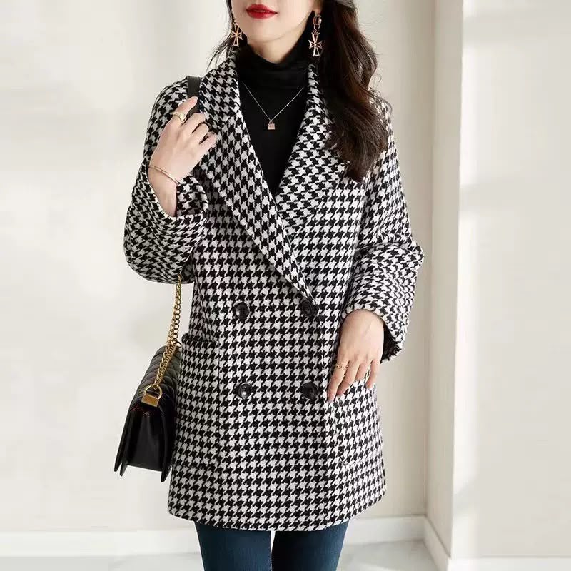 Houndstooth Blazer Coat Oversized Double-Breasted