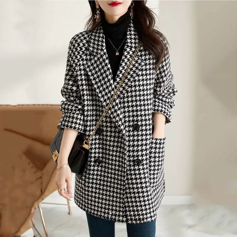 Houndstooth Blazer Coat Oversized Double-Breasted