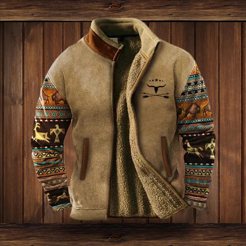 Warm Western Style Jacket with Fleece Lining & Ethnic Patterns 0