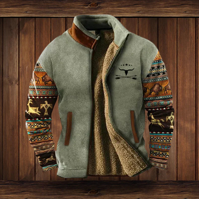 Warm Western Style Jacket with Fleece Lining & Ethnic Patterns 1