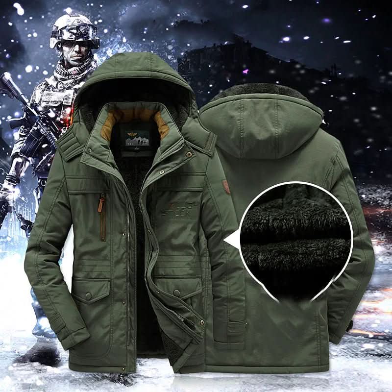 Quilted windproof winter parka with fleece lining and detachable hood, shown mid-length