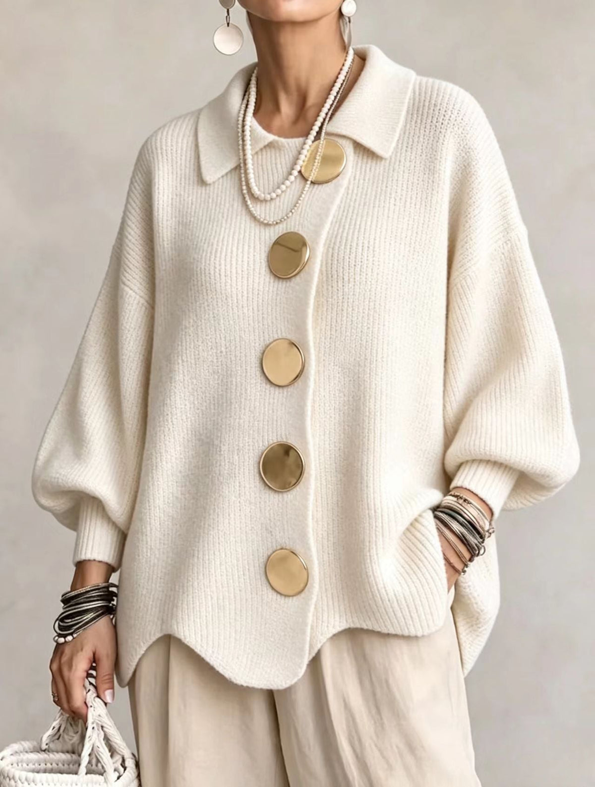 Oversized Cardigan Knit Scalloped Hem