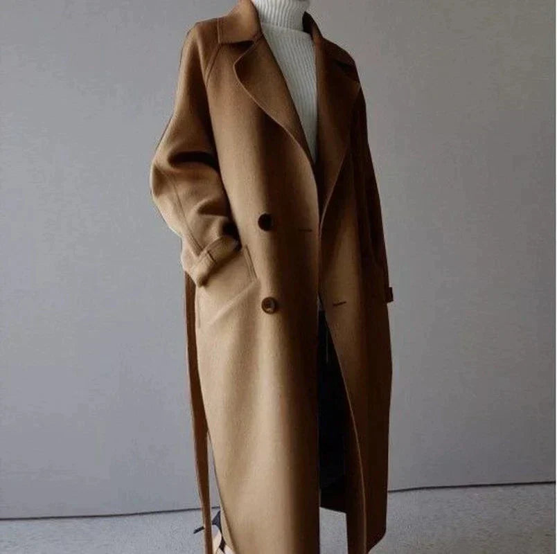 Longline wool-blend winter overcoat in beige, front view