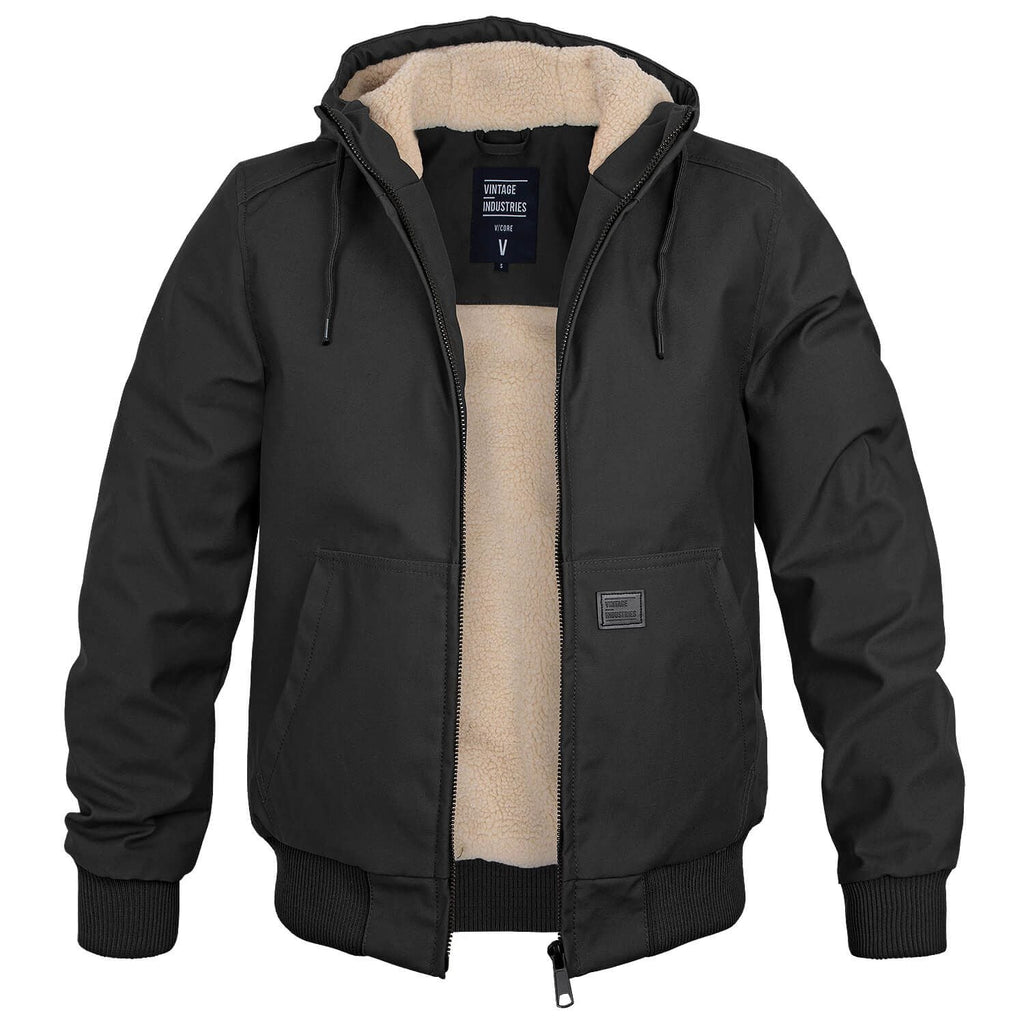 Transition Jacket Hooded Ribbed Cuffs in black, front view