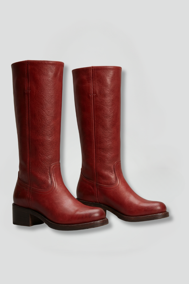 Mid calf pull on boots with block heel