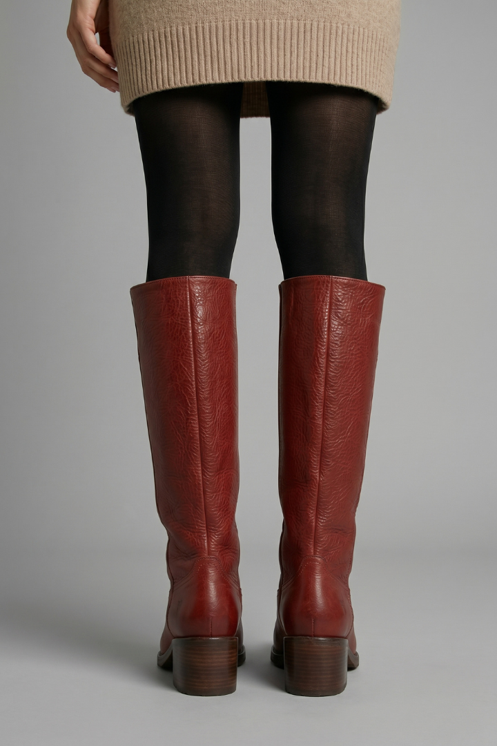 Mid calf pull on boots with block heel
