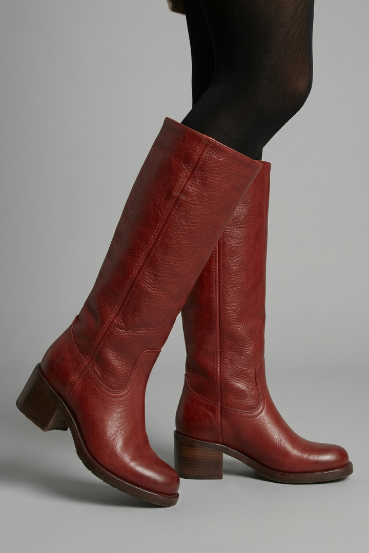 Mid calf pull on boots with block heel