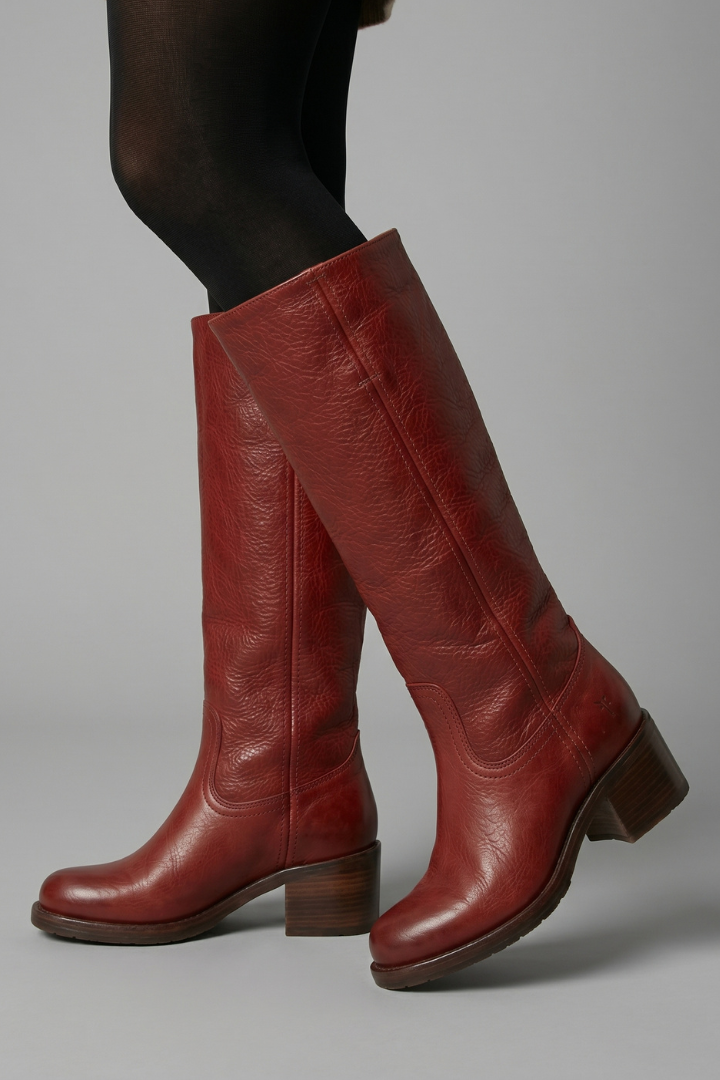 Mid calf pull on boots with block heel