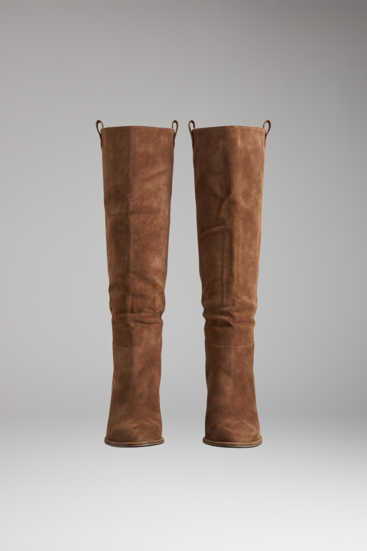 Knee-high orthopedic boots in brown, side view