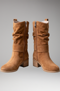 Suede-look slouchy ankle boots with side zip in brown, side view