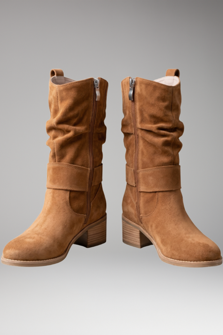 Suede-look slouchy ankle boots with side zip in brown, side view