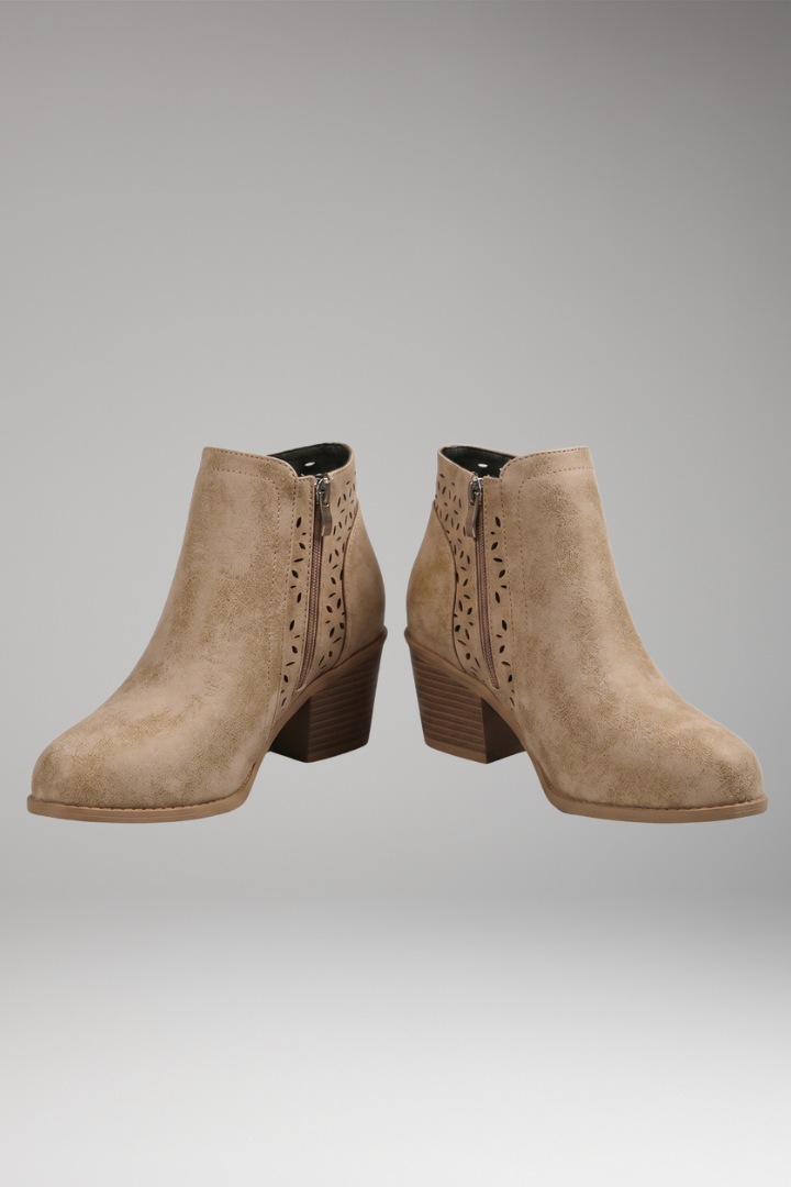 Boots with targeted support and wide heel in beige, side view