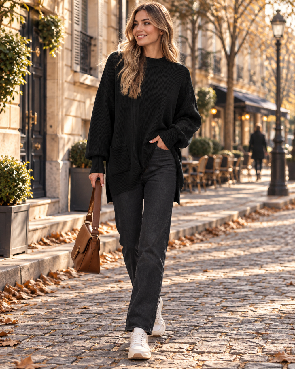 Oversized Ribbed Jumper High Neck Side Slits in black, front view