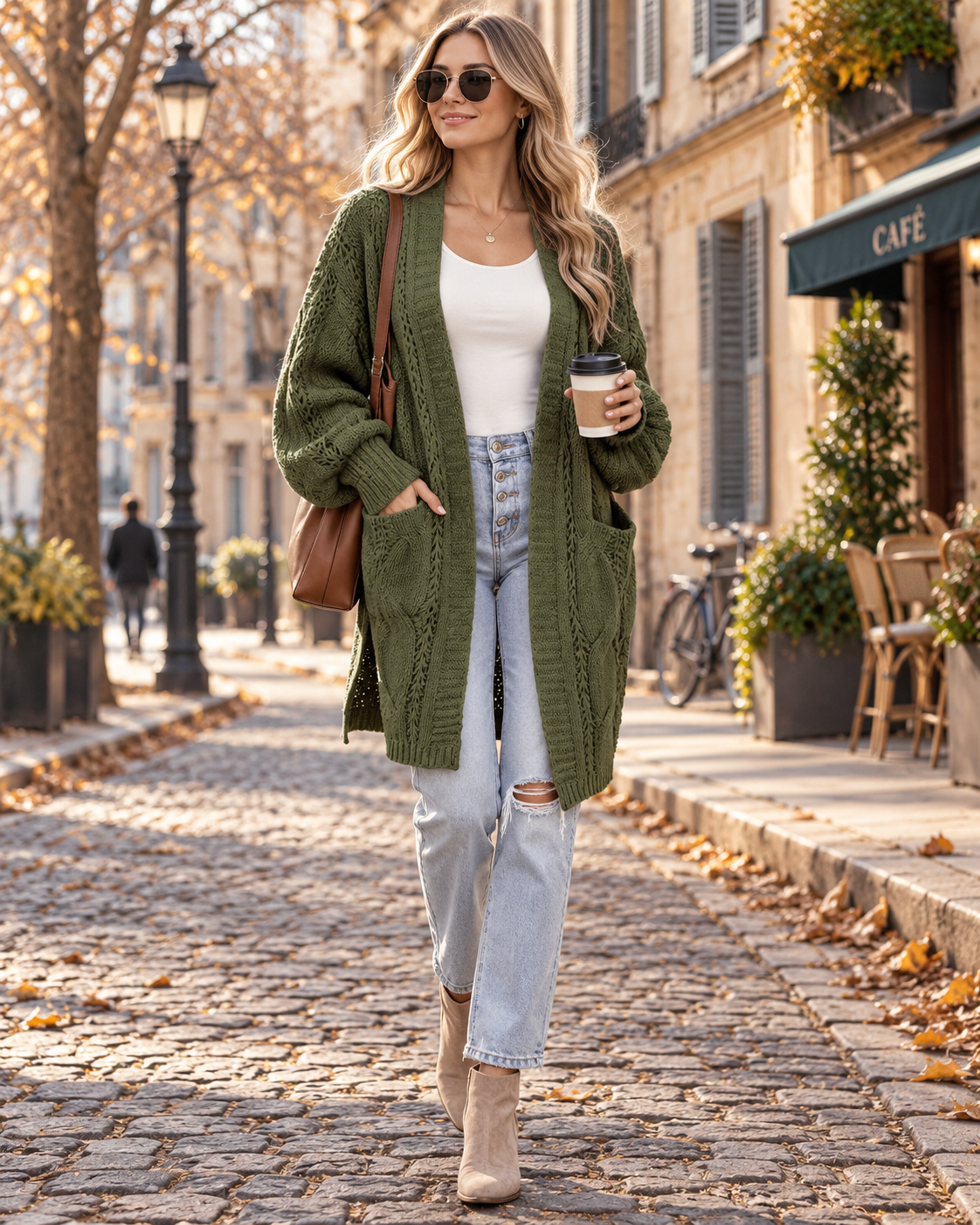 Cable Knit Cardigan Longline Balloon Sleeves