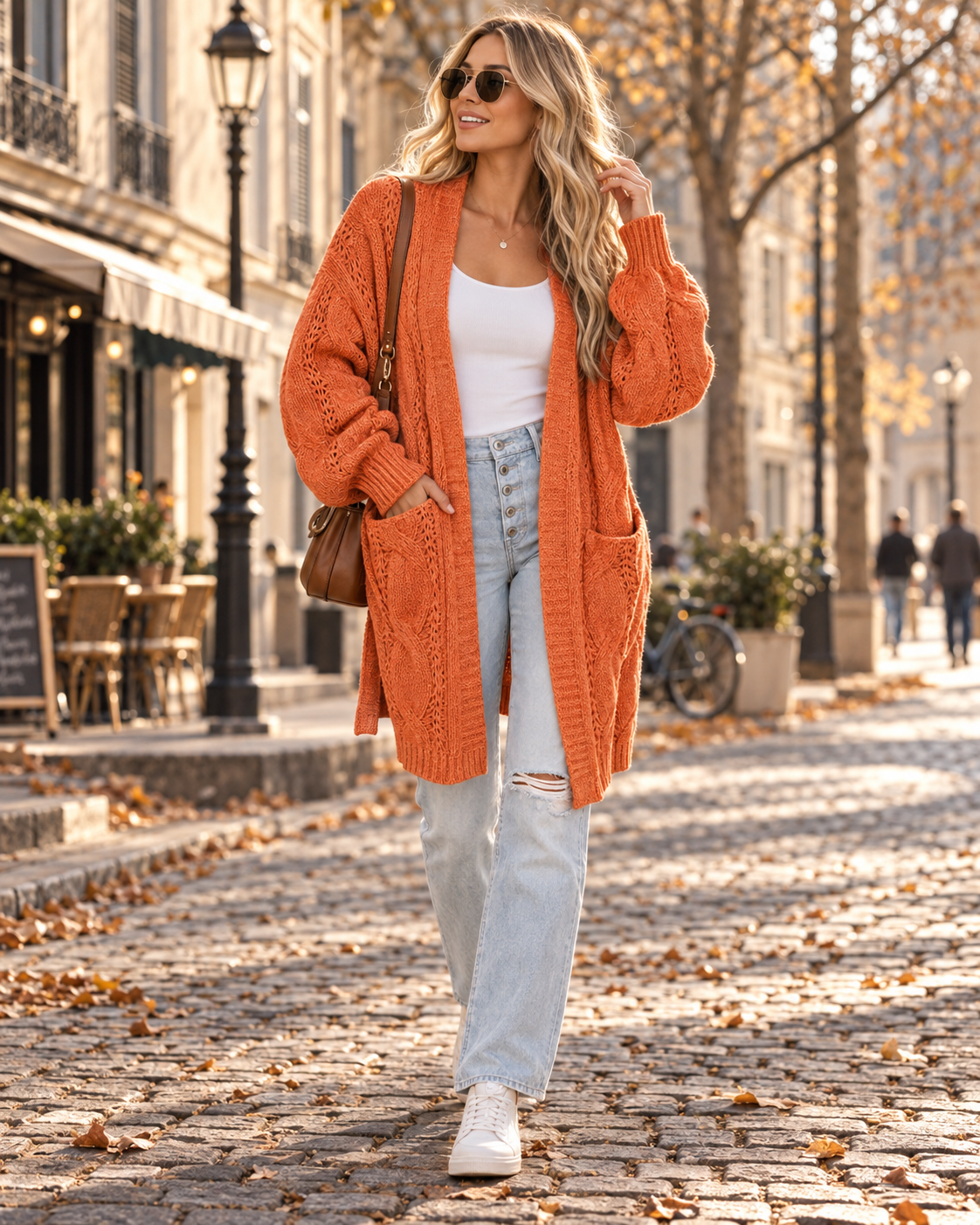 Cable Knit Cardigan Longline Balloon Sleeves in orange, front view