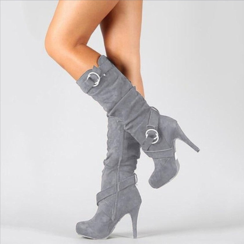 Knee High Stiletto Boots Buckle Straps