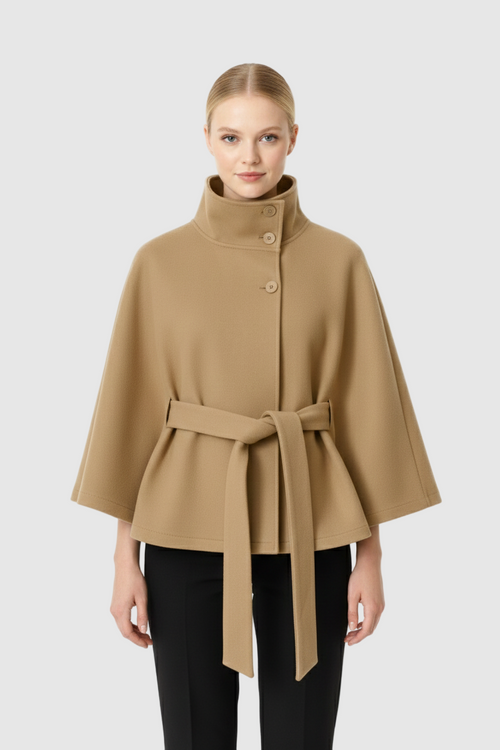 Belted high-collar longline wool-blend coat in beige, front view