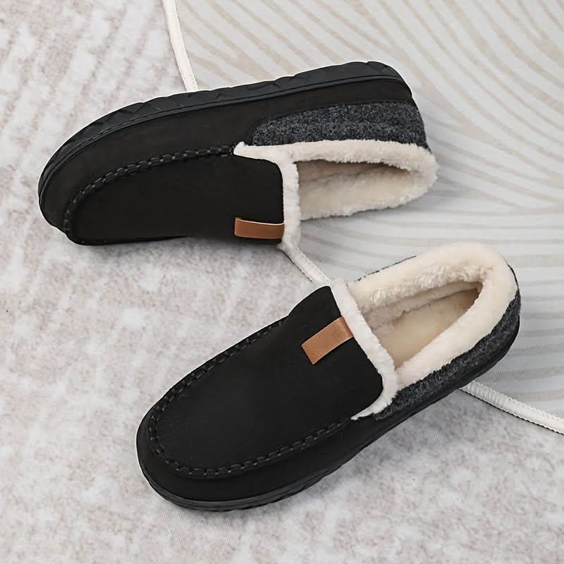 Warm knit wool-blend loafers in black, shown as cosy slip-on indoor house shoes