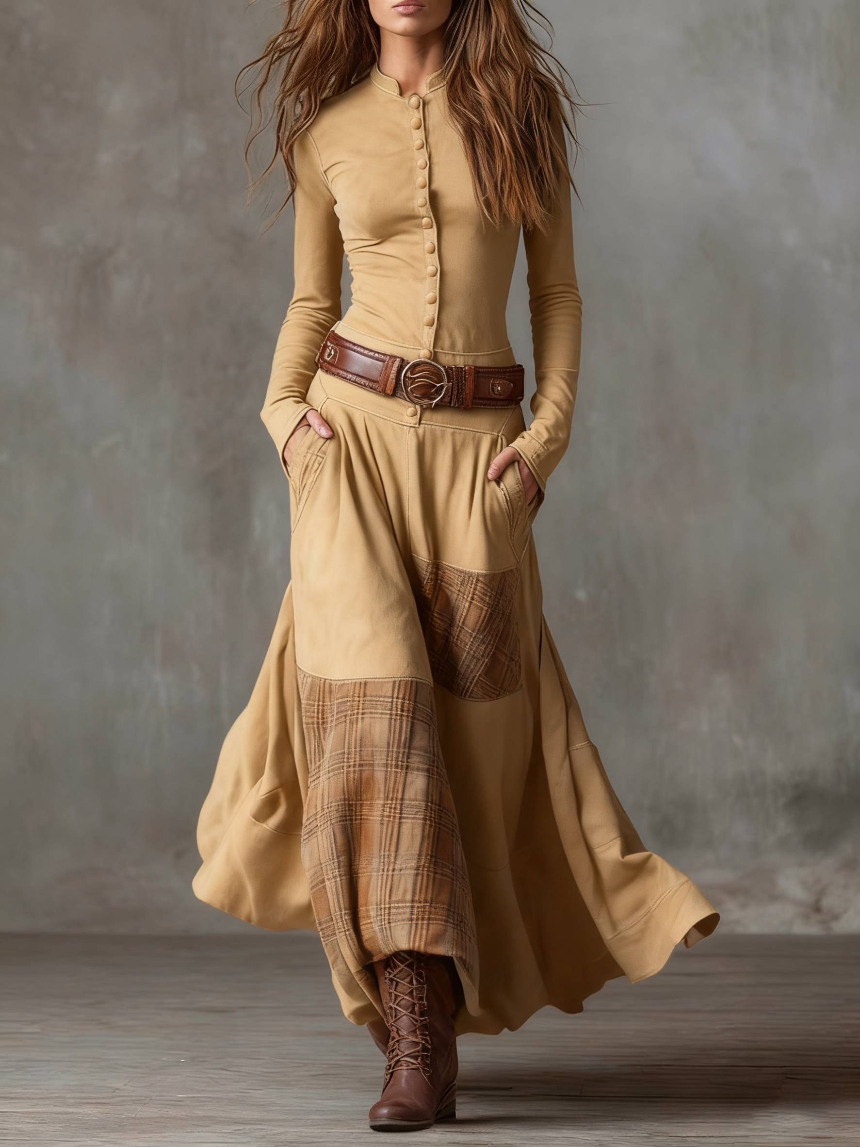 Dress Belted Waist Collared Midi