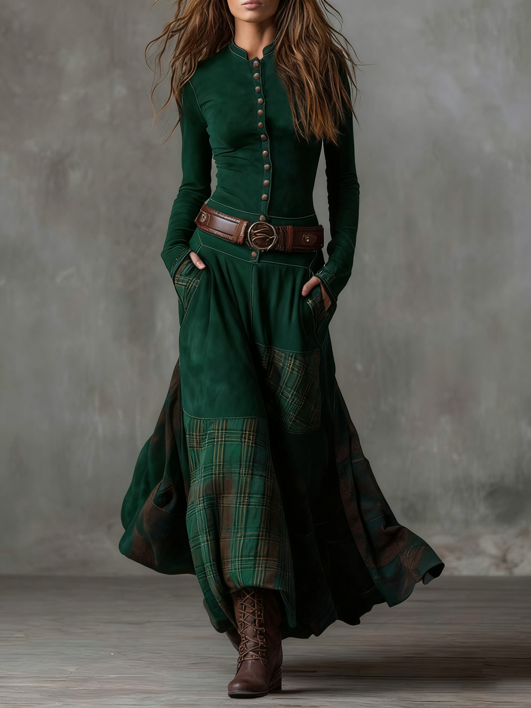 Dress Belted Waist Collared Midi