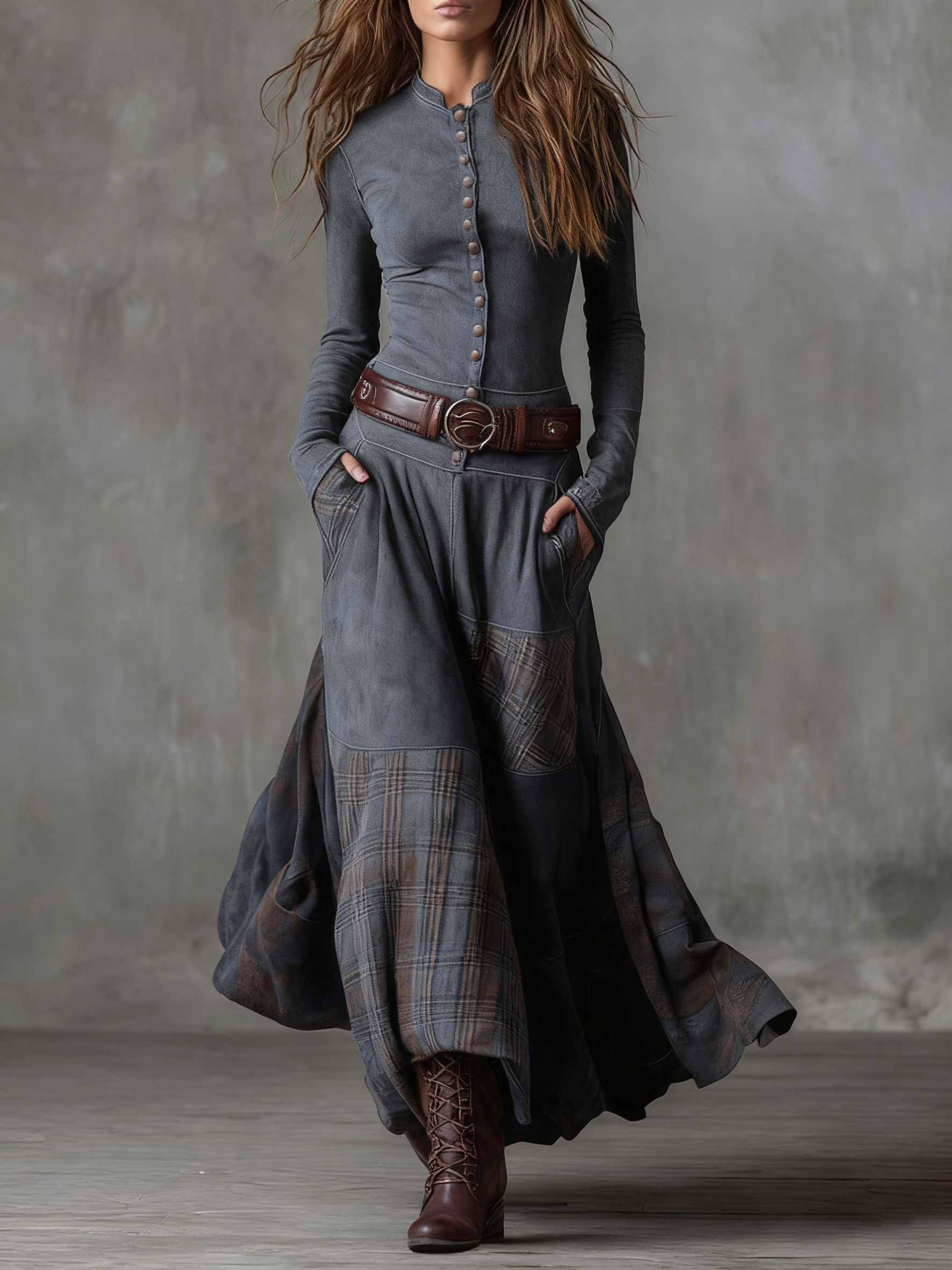 Dress Belted Waist Collared Midi