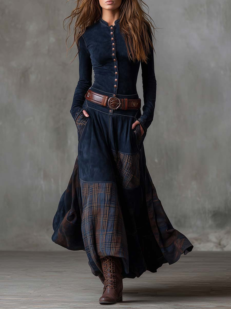Belted collared midi dress in navy, front view