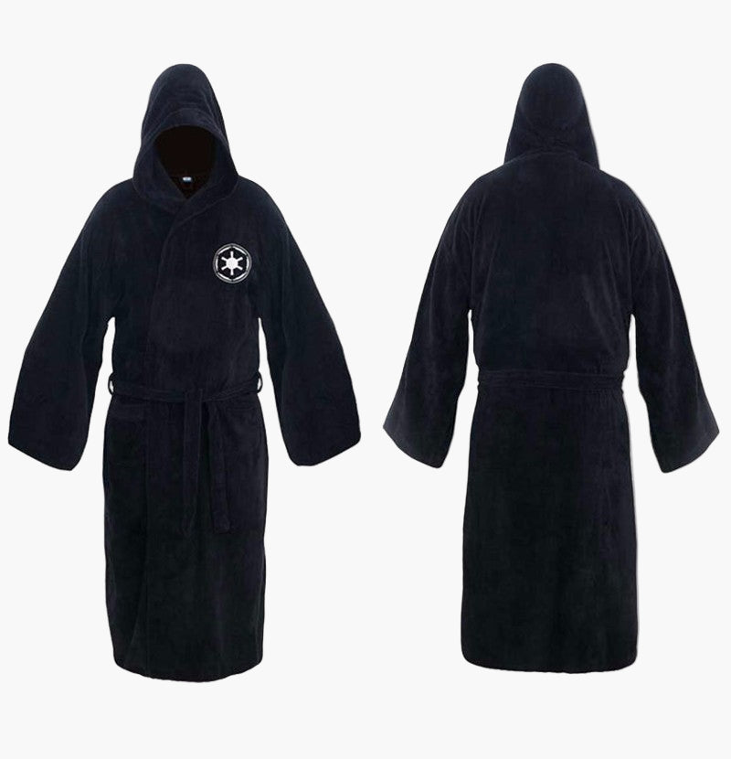 Black hooded bathrobe with tie belt