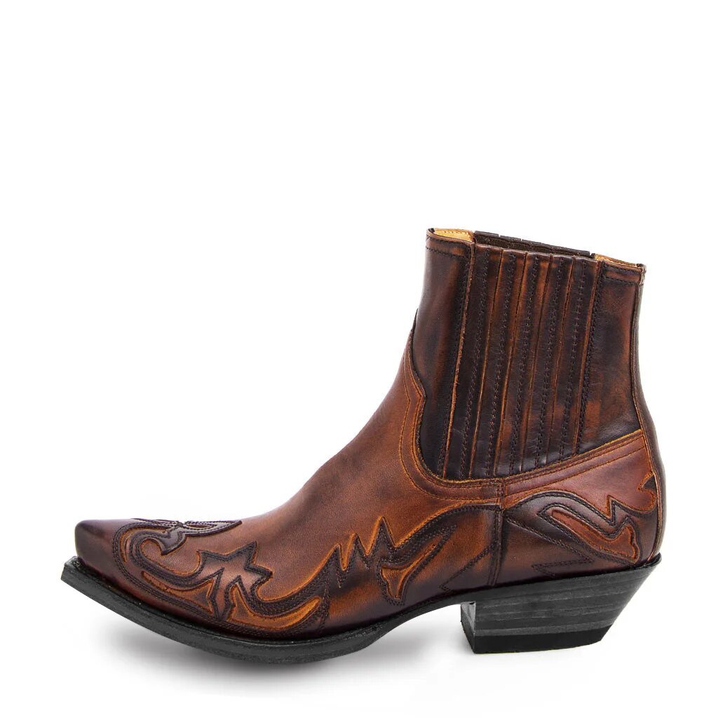 Vintage cowboy boots in black leather-look finish with Western embroidery and stitching