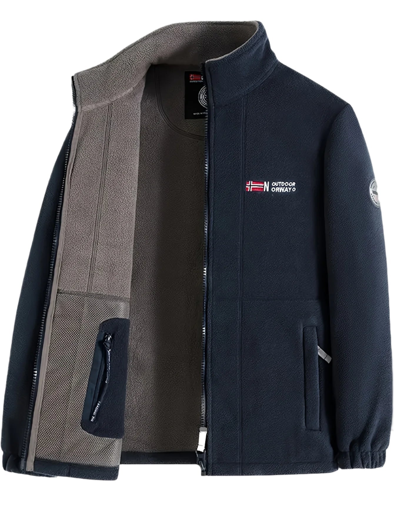 Warm high-collar zip fleece jacket in navy blue, front view