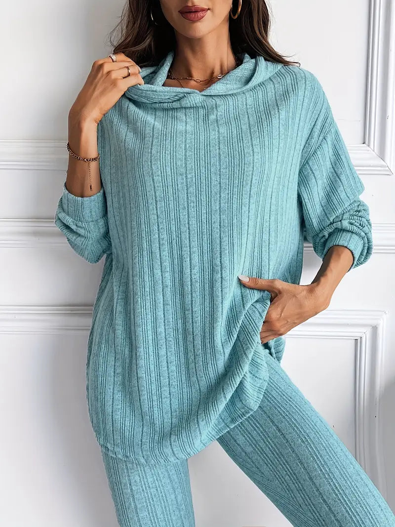 Lounge Set Ribbed Knit Hooded Two Piece