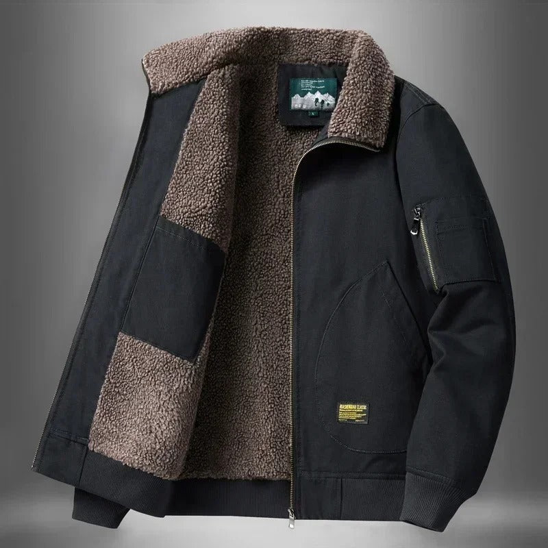 Sherpa lined flight jacket in black, front view