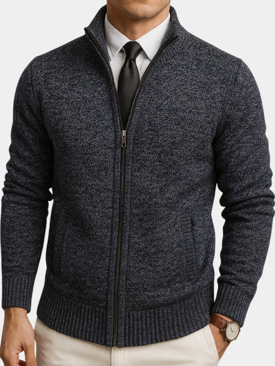 Zip-front long-sleeve knit cardigan in grey, front view