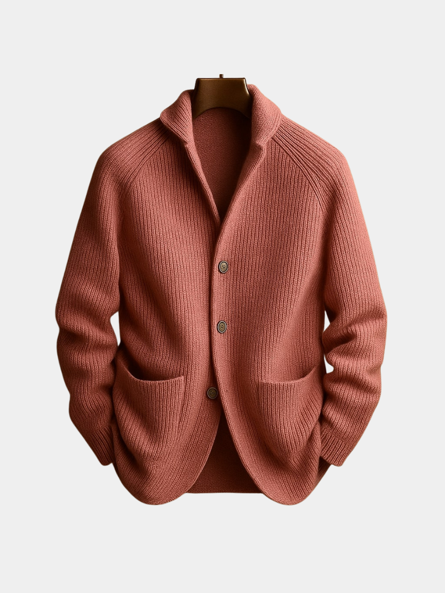 Wool blend cardigan with shawl collar in dark blue, front view