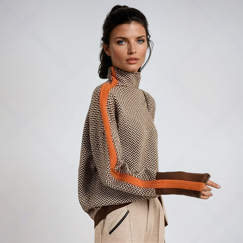 Turtleneck jumper with contrast stripes in orange, front view