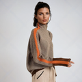 Turtleneck jumper with contrast stripes in orange, front view