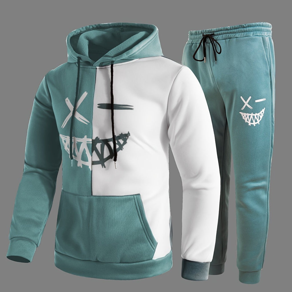 Two piece hooded tracksuit set in military blue, front view