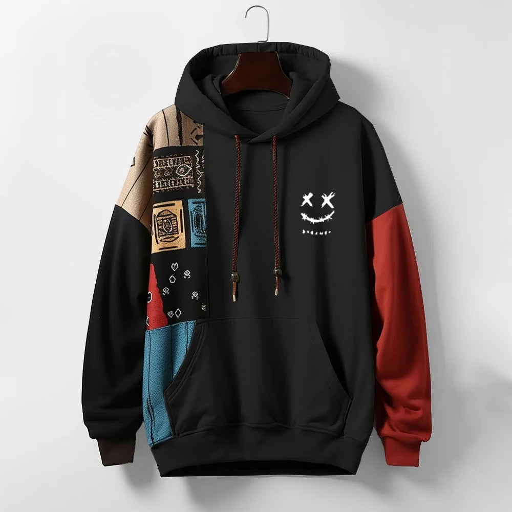 Contrast Panel Hoodie Drawstring Ribbed Trims