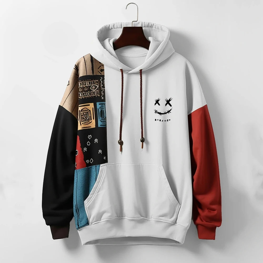 Contrast Panel Hoodie Drawstring Ribbed Trims
